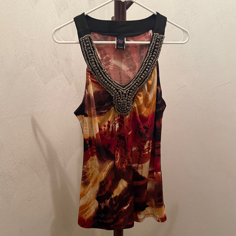 Wrapper Beaded V-Neck Tank Top - Orange and Brown